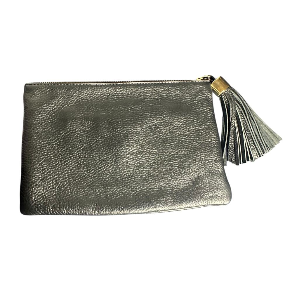 G.I.L.I. Black Leather Tassel Clutch Bag Zip Pouch Pebbled Leather